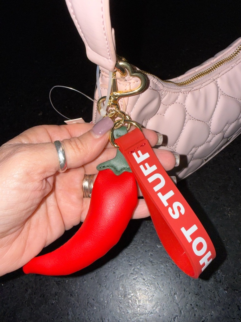 NEW Betsey Johnson Blush Pink Quilted Heart Shoulder Bag HOT STUFF CHILI PEPPER - Picture 3 of 11